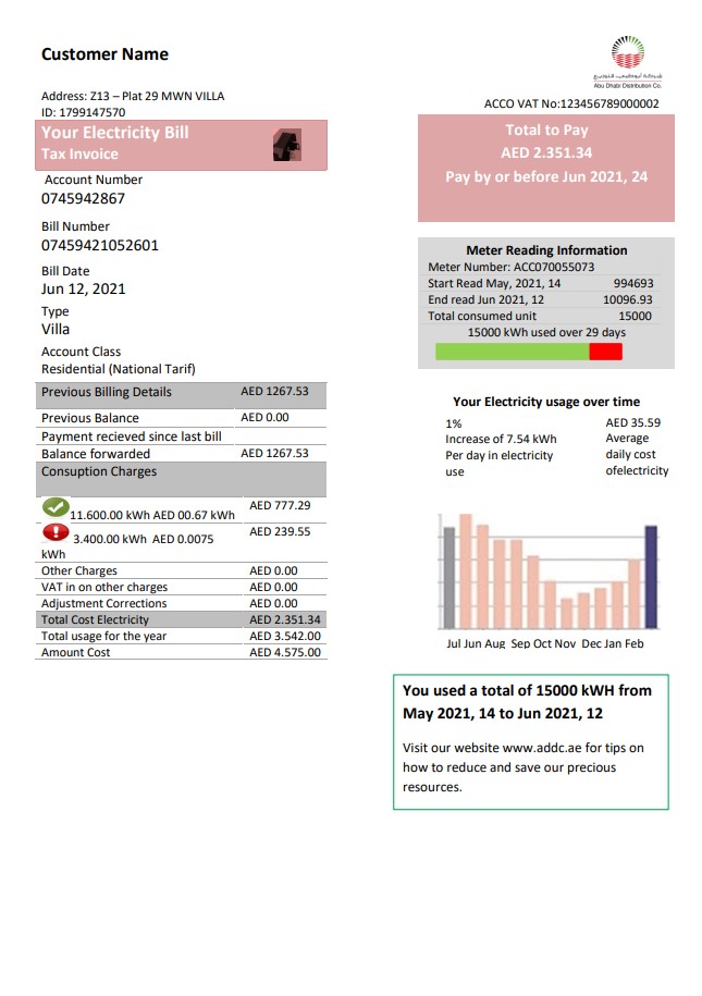 United Arab Emirates Abu Dhabi Distribution electricity utility bill template in Word and PDF format